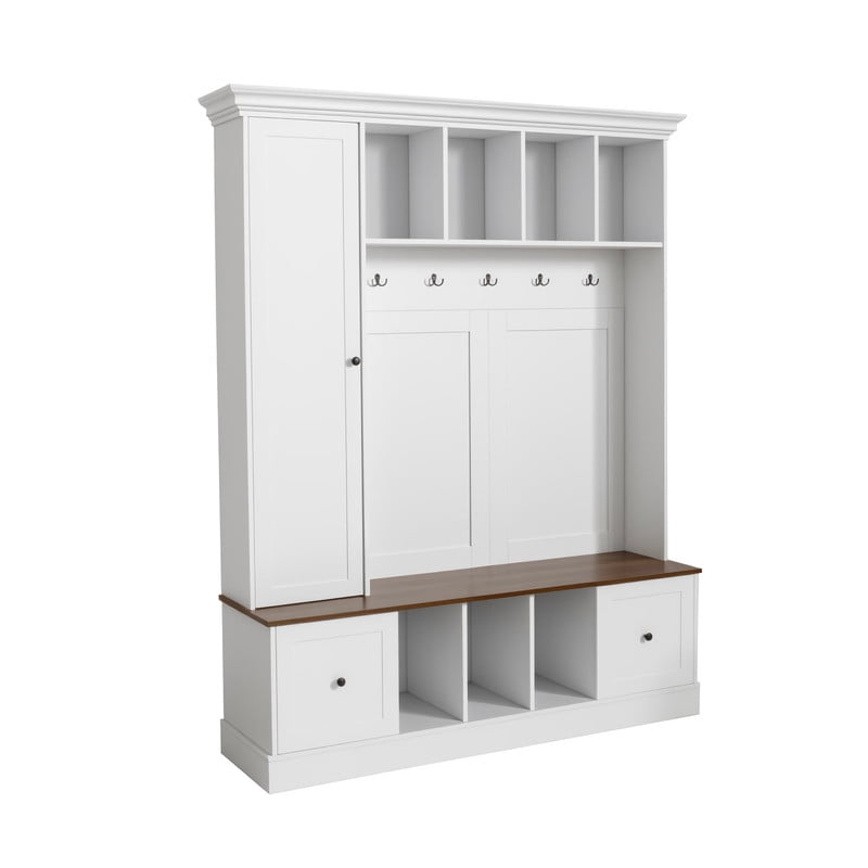 Farmhouse Hall Tree with Open Compartments, Entryway Coat Rack with 5 Hooks and Adjustable Shelf Cabinet, Entryway Bench for Hallway, Entryway, Living Room