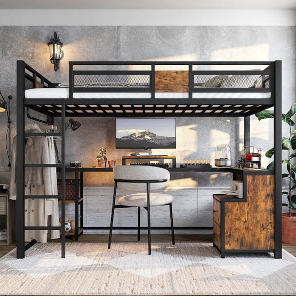 Twin XL Loft Bed Frame with Desk and Storage Non-woven Fabric Drawers,Metal Loft Bed Frame with Ladders and Shelves for Bedroom, Apartment, Mattress not included, No Spring Box Required, Black