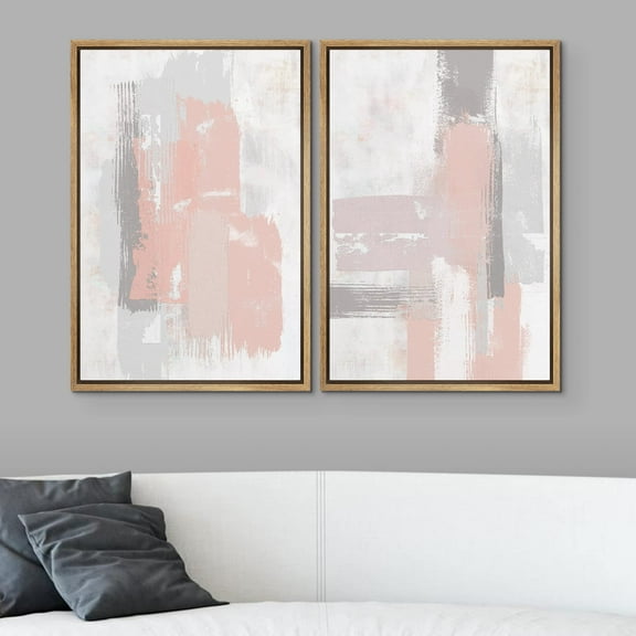 PixonSign Framed Wall Art Set Pink Gray Grunge Paint Stroke Collage Abstract Geometric Canvas Prints Graffiti & Street Modern Art Decorative for Living Room, Bedroom, Office - 24"x36" Natural