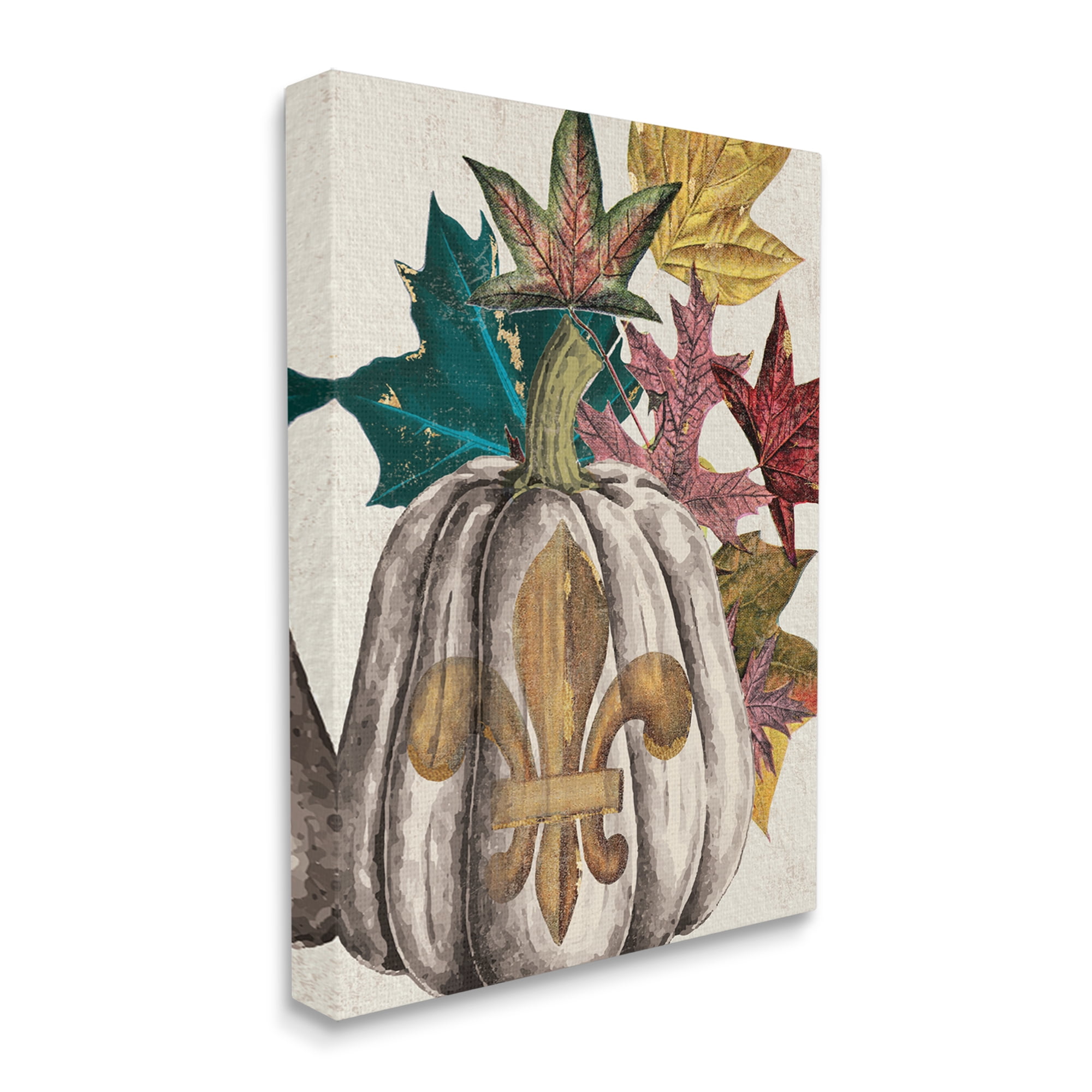 Fleur-de-lis Crest Pumpkin Vintage Autumn Leaf Arrangement Botanical & Floral Graphic Art Gallery-Wrapped Canvas Print Wall Art