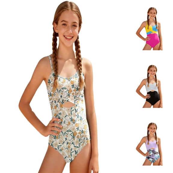 Girls High Waist Swimwear With Adjustable Straps And Removable Padded Bikini Top For Teen Youth Two Piece Tankini/Beige/11