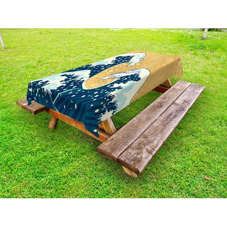 

Japanese Wave Outdoor Tablecloth Sea Storm in Japan Traditional Drawing Foamy Great Waves Decorative Washable Fabric Picnic Table Cloth 58 X 84 Inches Earth Yellow Dark Blue White by Ambesonne