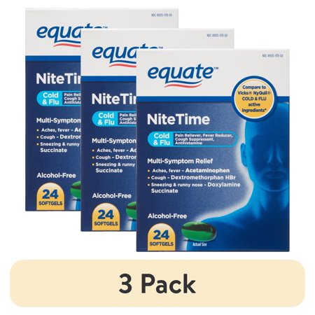 (3 pack) Equate Nighttime Multi-Symptom Cold and Flu Softgels, 24 Count, Compare to Vicks® Nyquil® Cold & Flu Active Ingredients