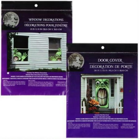 Bundle: 1 Creepy Green Monster Door Cover and 2 Evil Goblins Window Covers Scary Haunted House Set of Halloween Decorations By Greenbrier International Ship from US