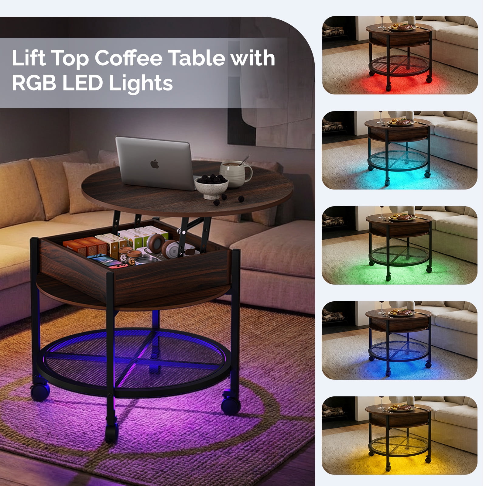 Ktaxon Mid-Century Coffe Table with Lift Top, 26.7" Round Coffee Table with RGB, Storage and Rolling Wheels, Modern Center Table for Small Spaces, Rustic Brown