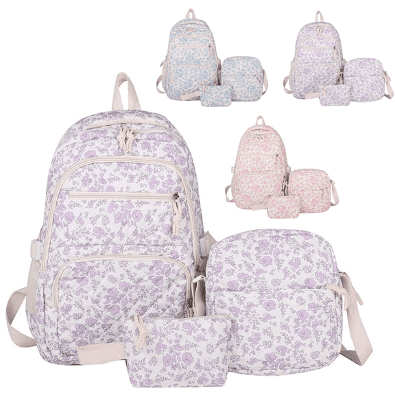 Purple Pink Quilted Floral Backpack, School Backpack for her, Cute Floral Bookbag for Hers Teens for Elementary Middle High School Student, Back To School