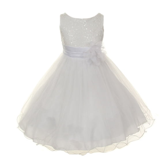 Big Girls White Sequin Bodice Floral Overlaid Flower Girl Dress 14
