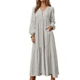thumbnail image 2 of Women'S Boho Cotton Maxi Dress V-Neck Long Sleeve Flowy Beach Dress with Pockets and Buttons Light Grey M, 2 of 9