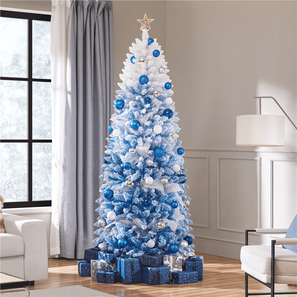 Renwick 7.5Ft Pre-lit Flocked Artificial Christmas Tree with 350 Incandescent Warm White Lights, Lake Blue Gradient