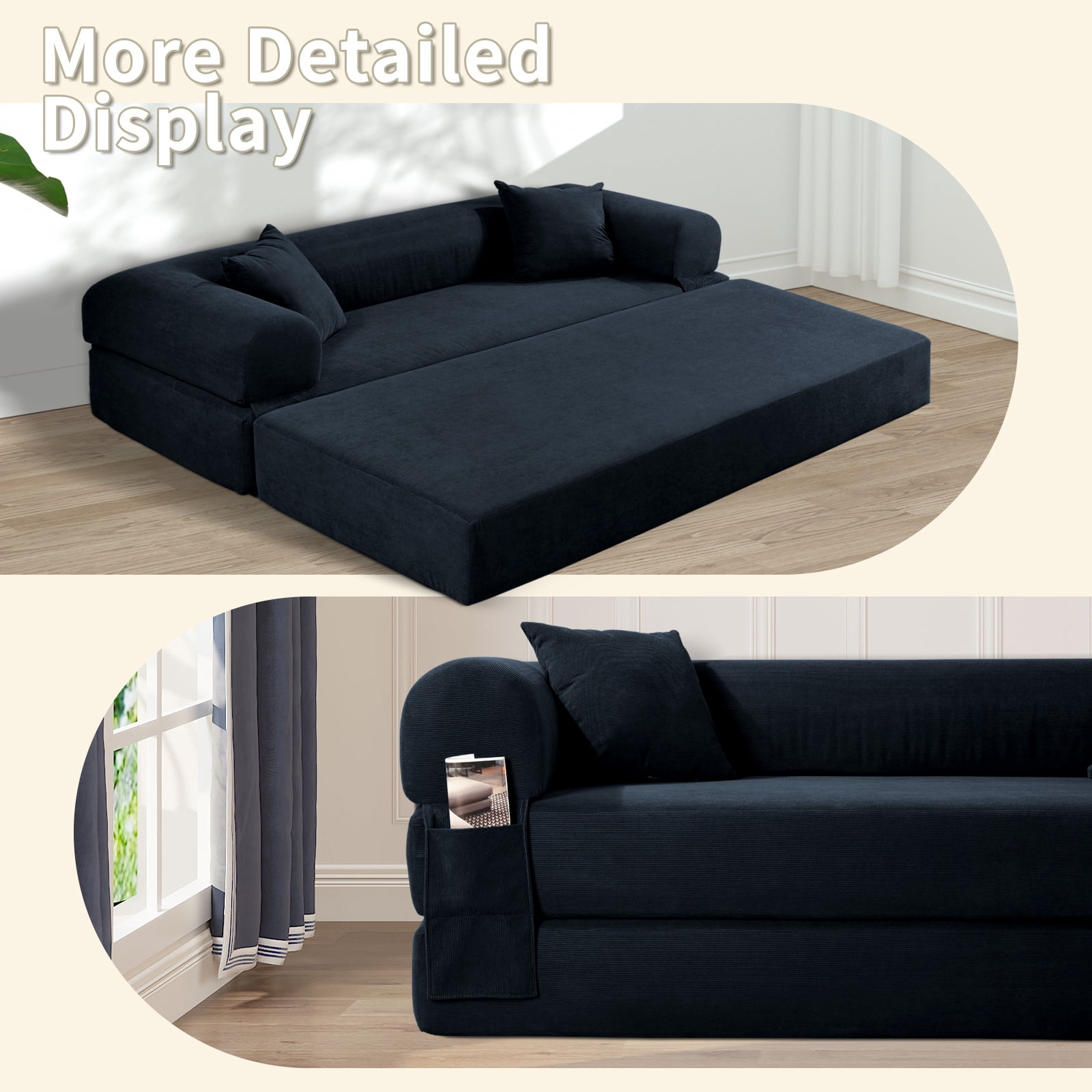 3 in 1 Convertible Sofa Bed, 80" Corduroy Folding Pull Out Couch with 2 Pillows, Floor Sofa with Side Storage for Living Room, No Assembly Modern Boneless Couch Compression Sofa, 35.4"W