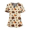 thumbnail image 2 of IYYVV Halloween Scrubs for Women Cute V Neck Pumpkin Graphic Nursing Working Uniforms with Pockets Holiday Stretchy Tee Shirt Khaki M, 2 of 5