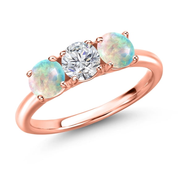 Gem Stone King 18K Rose Gold Plated Silver Lab Grown Diamond and Simulated White Opal Engagement Ring for Women | 1.50 Cttw | Round 5MM | Gemstone April Birthstone | Size 6