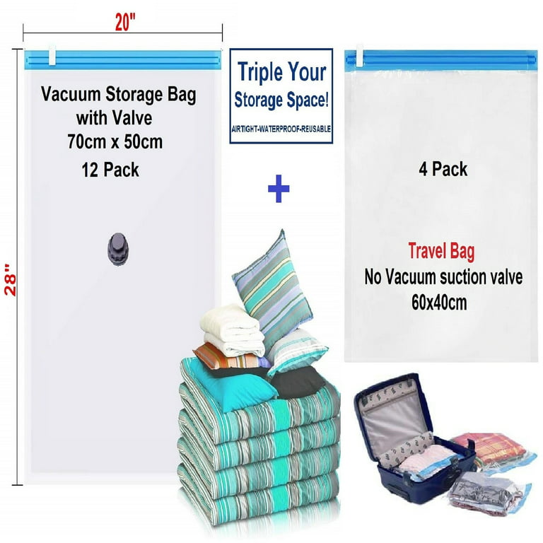 16 Combo Pack: 12 Pieces 28x20 Size Space Saver Storage Vacuum Seal  Organizer Plastic Bag + 4 Travel Roll Up Bags