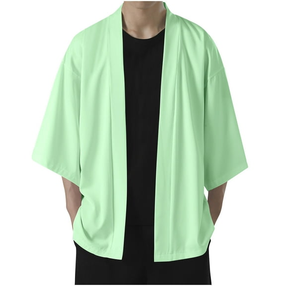 YLSDY Winter Fashion 2024 Men's Kimono Cardigan Shirt 3/4 Sleeve Open Front Lightweight Loose Fit Summer Beachwear Tops Blouse Green M