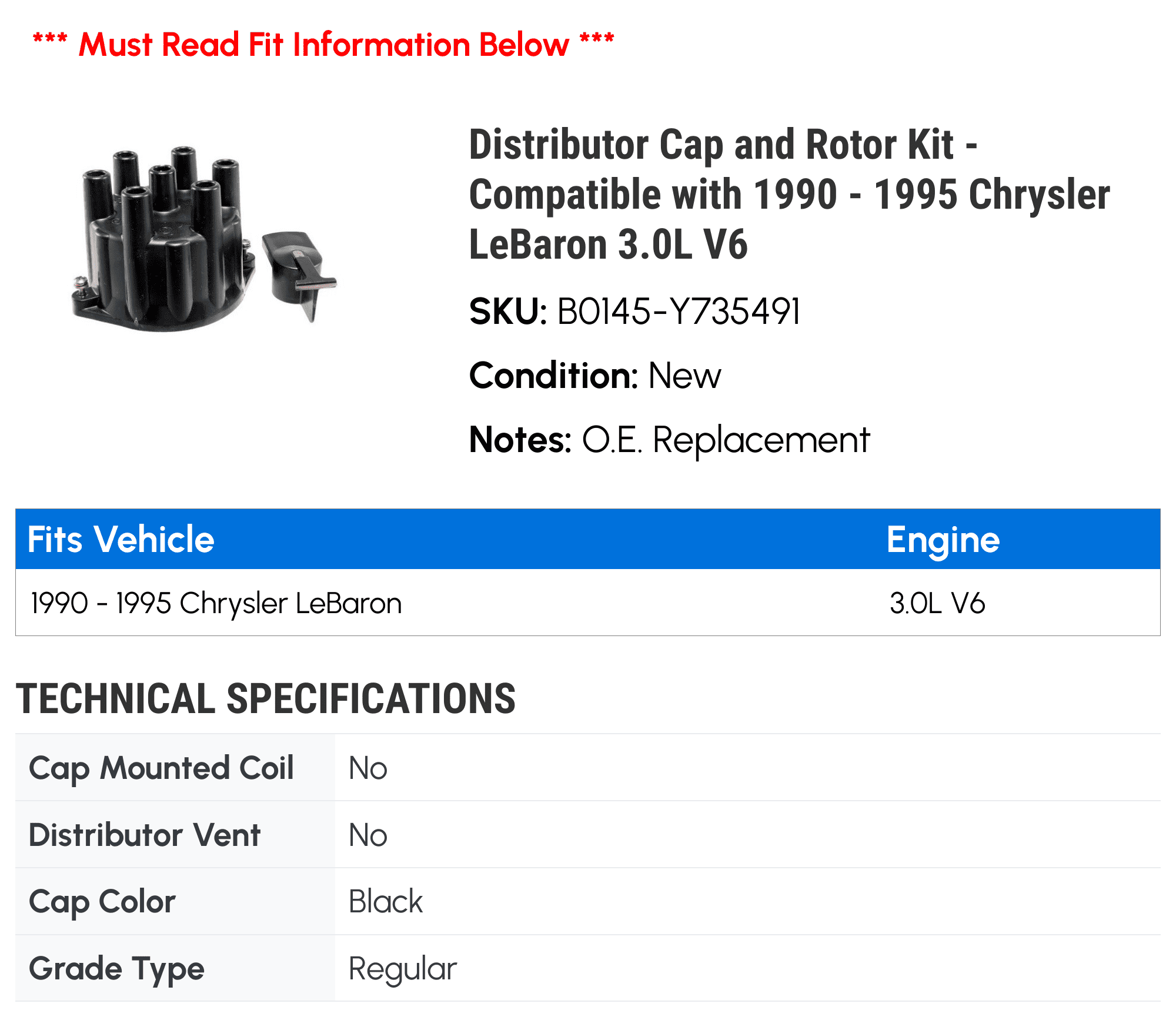 Distributor Cap and Rotor Kit - Compatible with 1990 - 1995 Chrysler LeBaron 3.0L V6 1991 1992 1993 1994