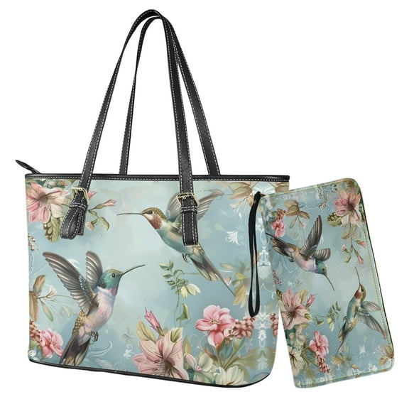 LedBack Hummingbird Floral Print Handbag and Wallet Set of 2, Womens Tote Bag Top Handle Handbag and Purse Lightweight Hobo Bag Satchel Bucket Shoulder Purse, Green