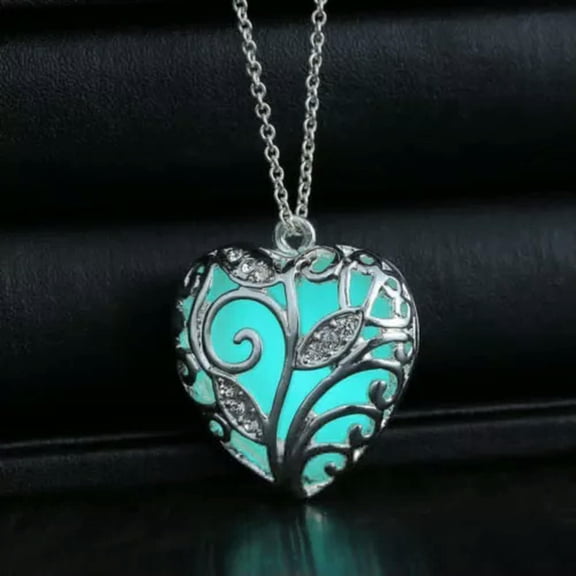 EOEMY Magic Locket Hollow Heart Glow In The Dark Necklace Luminous Pendant Charms Gift-Blue