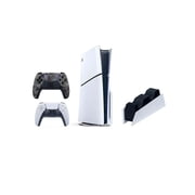 Restored Sony Playstation 5 Slim 1TB Console Bundle with White & Gray Camo Controllers and DualSense Charging Station SNY-BD-PS5SLIM