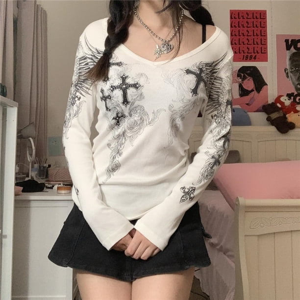 2000s Aesthetic T Shirt Graphic Cross Wings Print Long Sleeve Tops