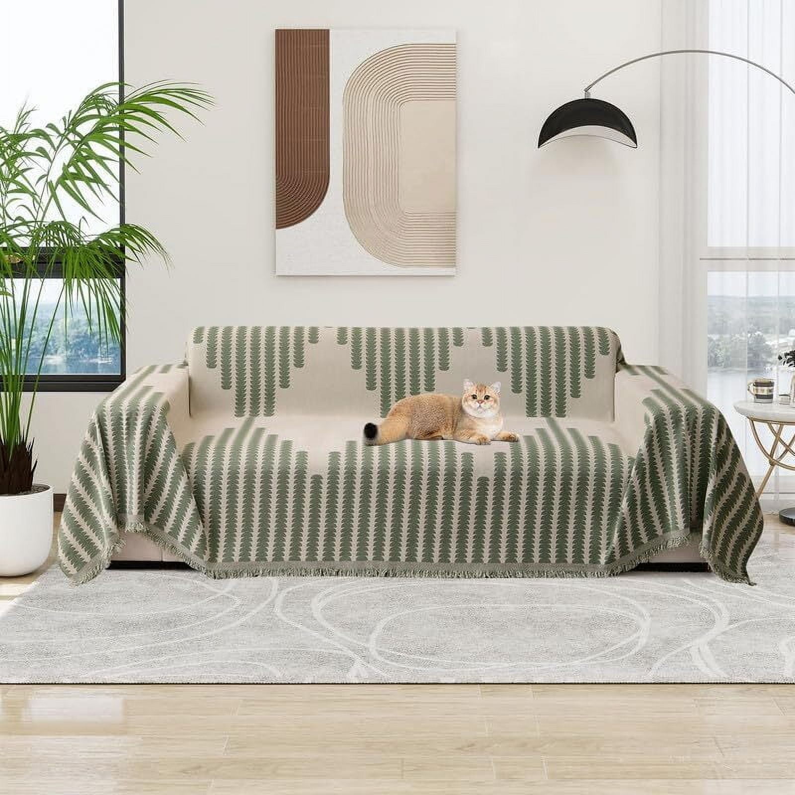 Eurhowing Boho Couch Cover for 2-3 Cushion Couch, Chenille Sofa Cover Blanket with a Pillowcase, Anti-Slip Tassel Sofa Slipcover for Pet, (71'' x 118'', Green)