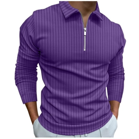 

koaiezne Male Casual Autumn Striped Fabric T Shirt Zipper Turn Down Collar Long Sleeve Tops T Shirt under Scrub Shirt Long Sleeve Long Sleeve Piglet Shirt