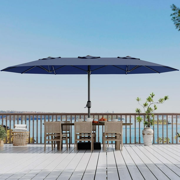 Sombrilla Grande de Patio de 15 ft con Base y Luces Solares, Sombrilla Rectangular con Manija de Manivela, Protección UV para Mercados y Exteriores