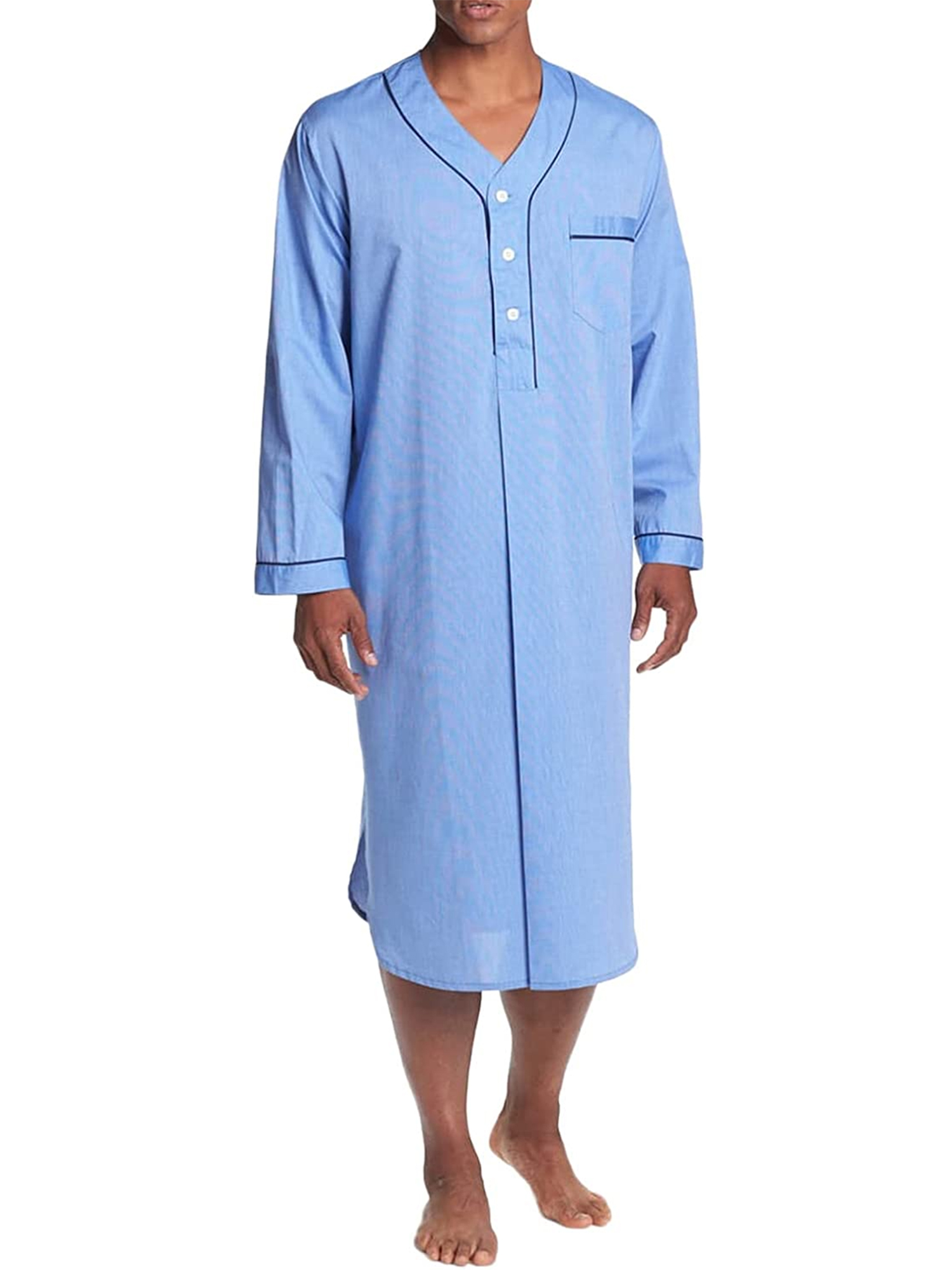 Mens Nightshirt Sleepwear Casual Long Sleeve V Neck Henley Sleep Shirt ...