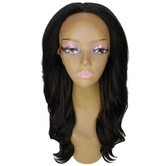 LUXLUXE Cleo Wavy Layered 21 in Long 4X4 Hand Tied Lace Front Wig, Heat Resistant Fibers, Black with Auburn Highlights