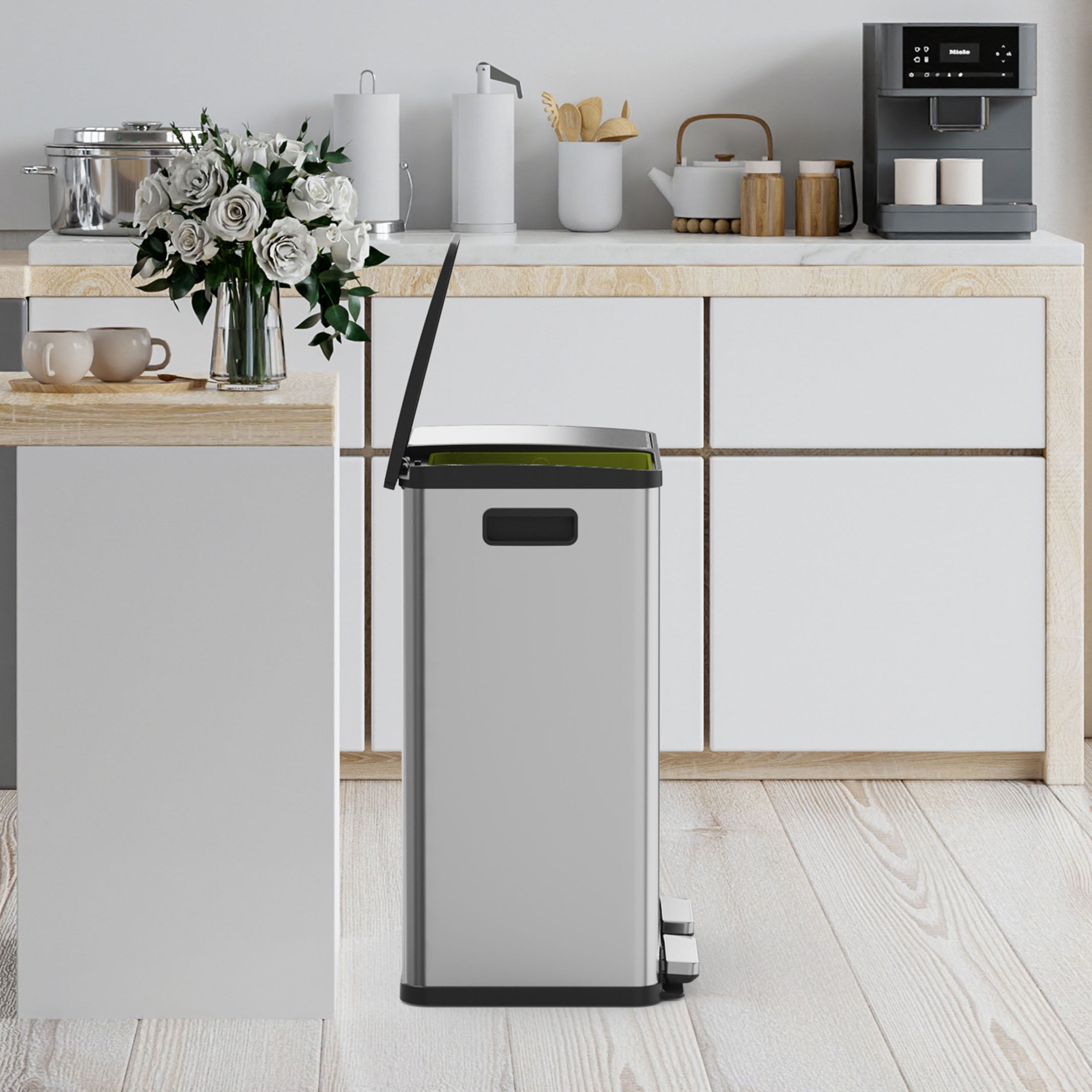 CONCETTA Dual Compartment Trash Can, Kitchen Garbage Can Recycling Bin with Soft-Close Foot Pedal and emovable Inner Buckets, Fingerprint-Resistant, 2 x 8 Gallon
