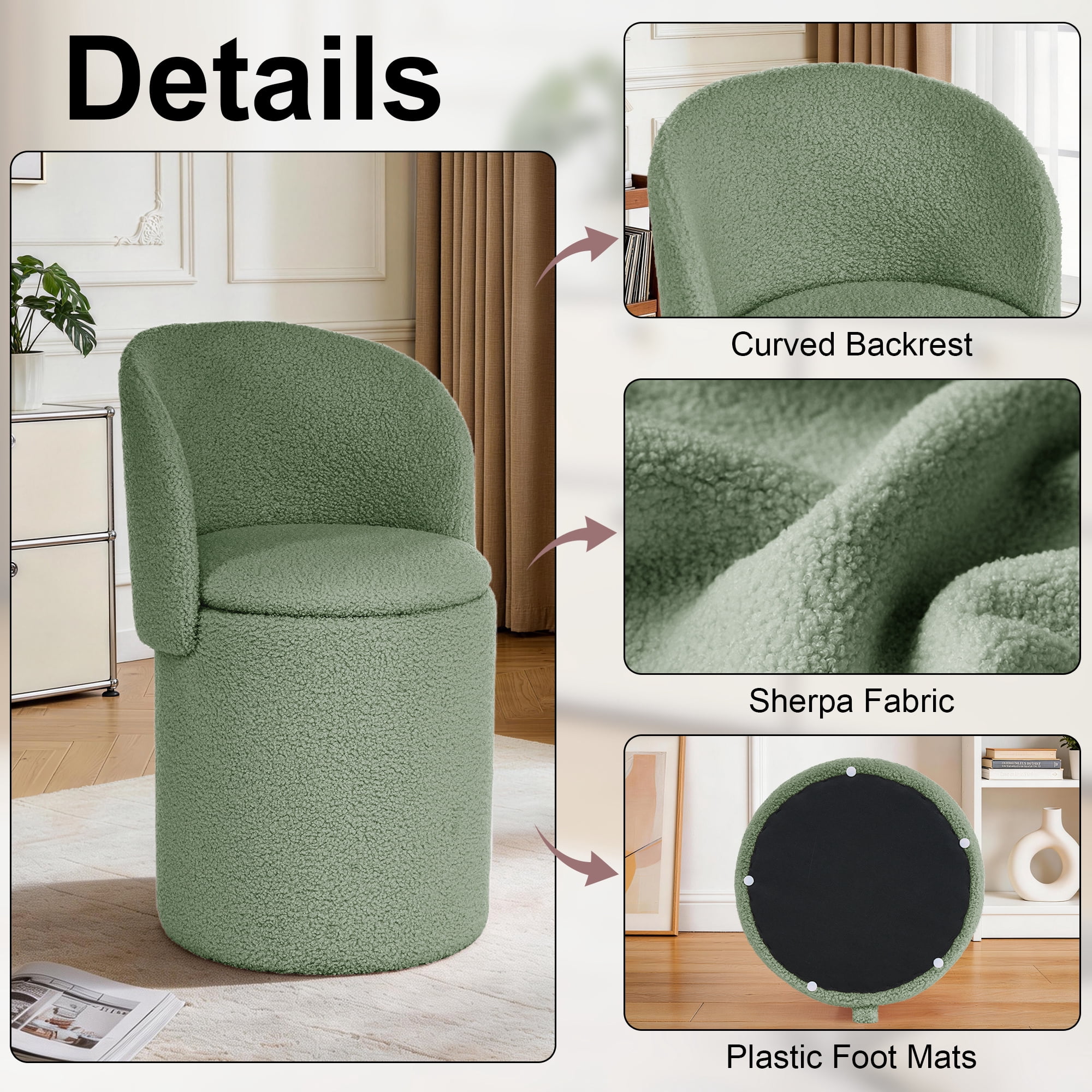 GEEYOO Modern Round Vanity Storage Stool,Sherpa Upholstered Ottoman with Foldable Backrest and Removable Lid,Comfy Makeup Stool for Bedroom Living Room,Green