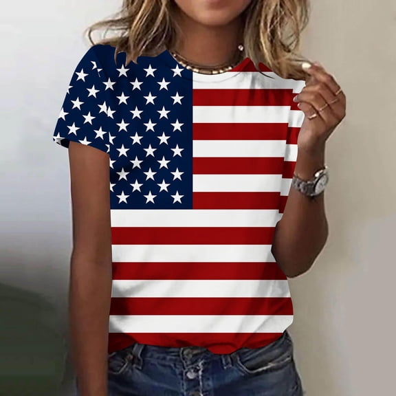 4th of July Patriotic T-Shirts Women American Flag Print Casual Short Sleeve Tee Tops