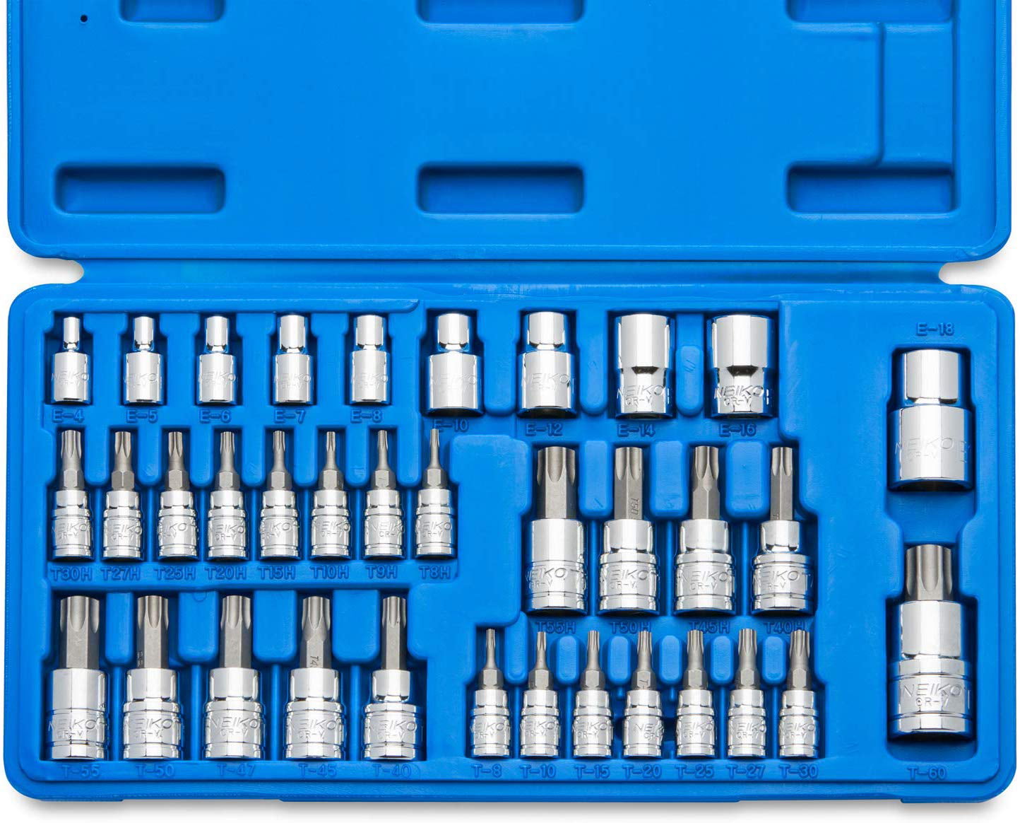 Blackpoolfa 35pc E Tamper Proof Security Star Female 1/4 3/8 1/2 Inch Chrome Vanadium Steel 35-Piece External Female Socket and Torx Bits Socket Set with Carry Box 