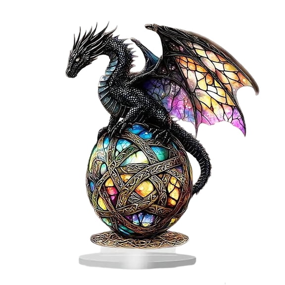 Gothic Stained Glass Decor Figurine with Mythical Dragon Design, Acrylic Home Ornament for Living Room, Bedroom, Office, and Shelf Display