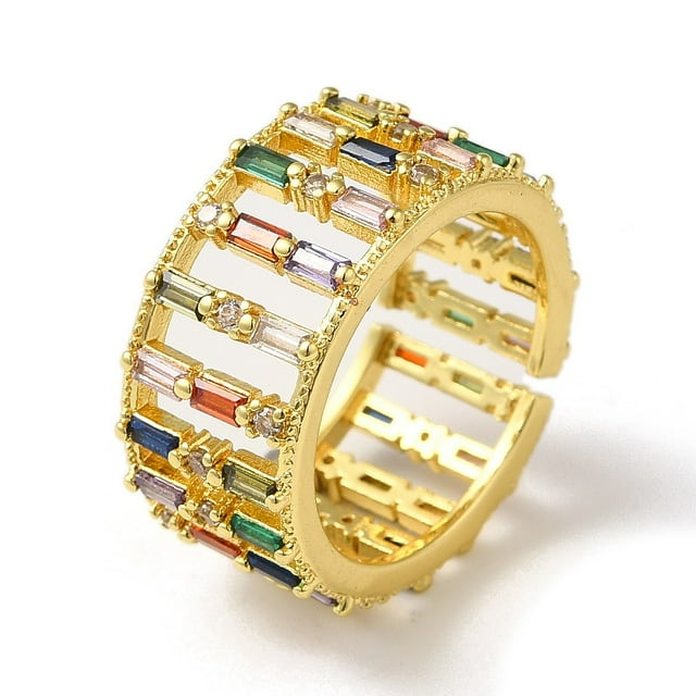 Rack Plating Brass Micro Pave Colorful Cubic Zirconia Rectangle Open Cuff Ring Hollow Real 18K Gold Plated Inner Diameter: 17.8mm