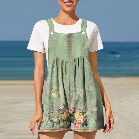 Summer Rompers for Women Casual Floral Print Bib Short Jumpsuit with Pocket Pleated Front Button Strap Loose Overalls, Green, XL