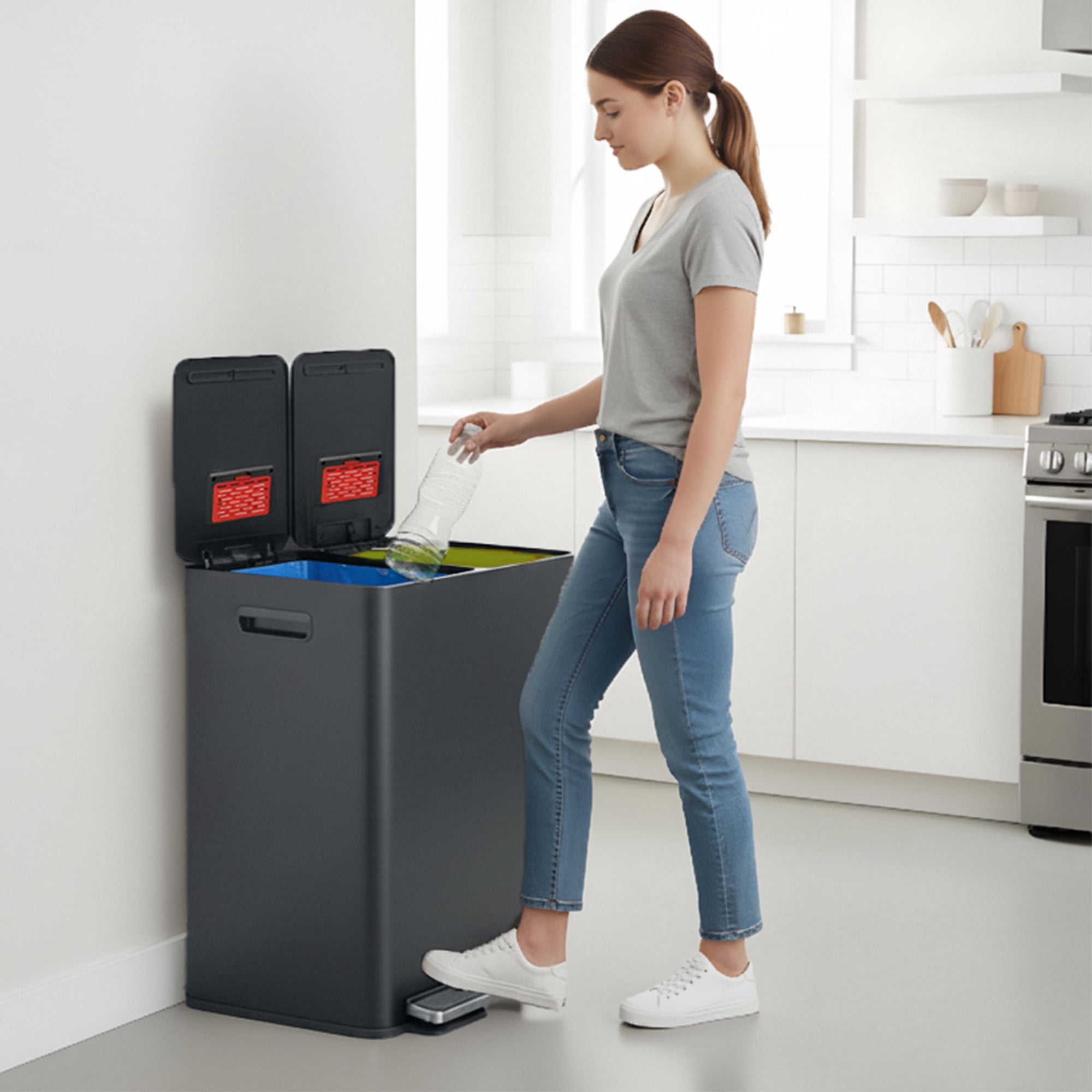 iTouchless 16 Gallon Kitchen Dual Trash & Recycling Bin with AbsorbX Odor Filters Matte Gray