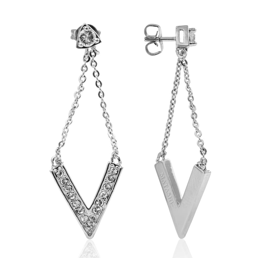 Matashi 18K White Gold Plated Delta V Design Stud Earrings With Sparkling Clear Crystals Gift for Christmas Birthday Anniversary Valentine's Day Mother's Day Gift for Mom Girlfriend Wife