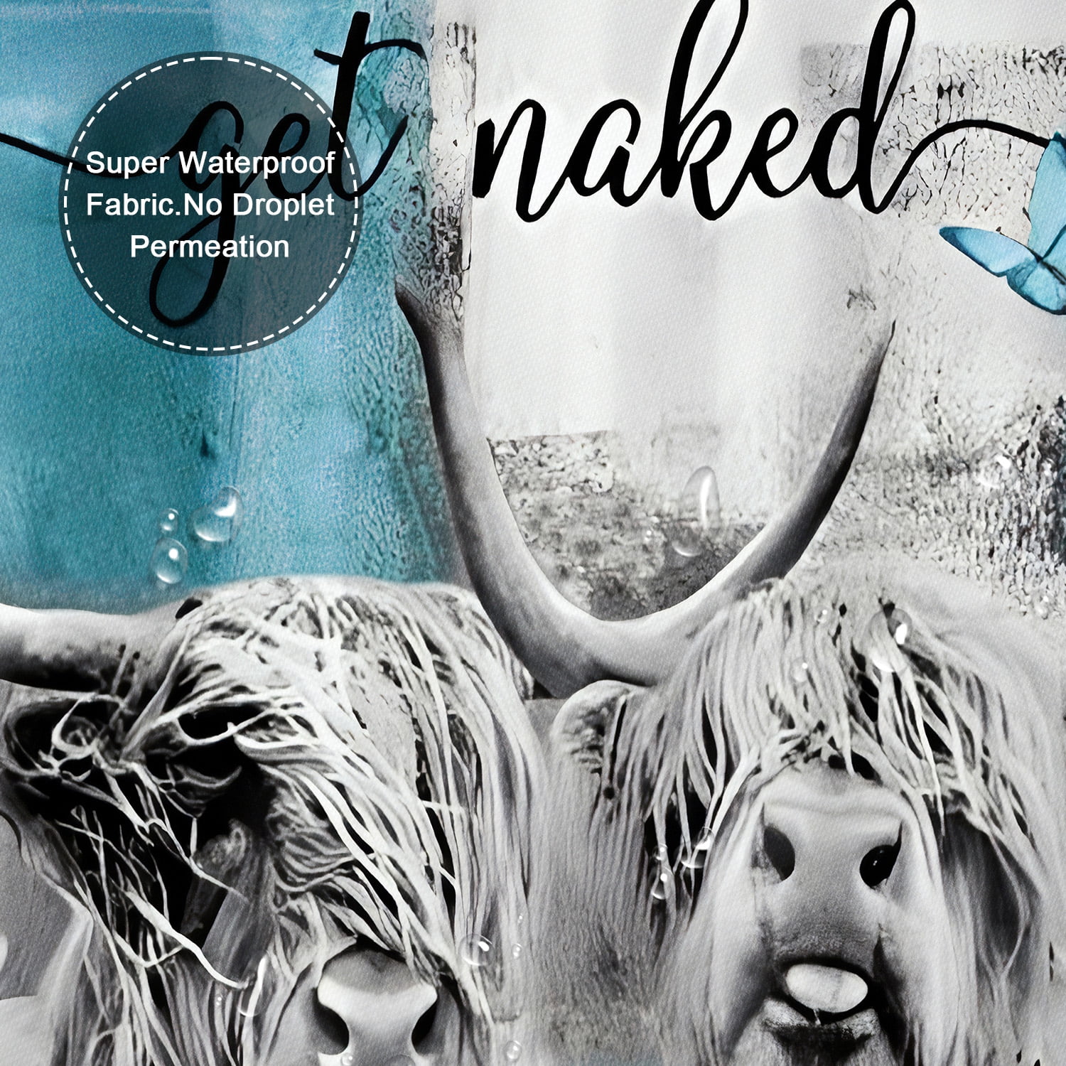 PLUTARCHON 4pcs Highland Cow Bathroom Set - Turquoise Fabric Shower Curtain & Rug, Get Naked Funny Modern Decor, 70.8"x70.8"