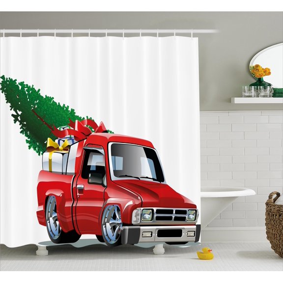 Christmas Shower Curtain Set, Red Shiny Pickup Truck with Big Gift Boxes and Tree Xmas Art Prints Farm Motor Theme, Bathroom Decor, White Red, by Ambesonne