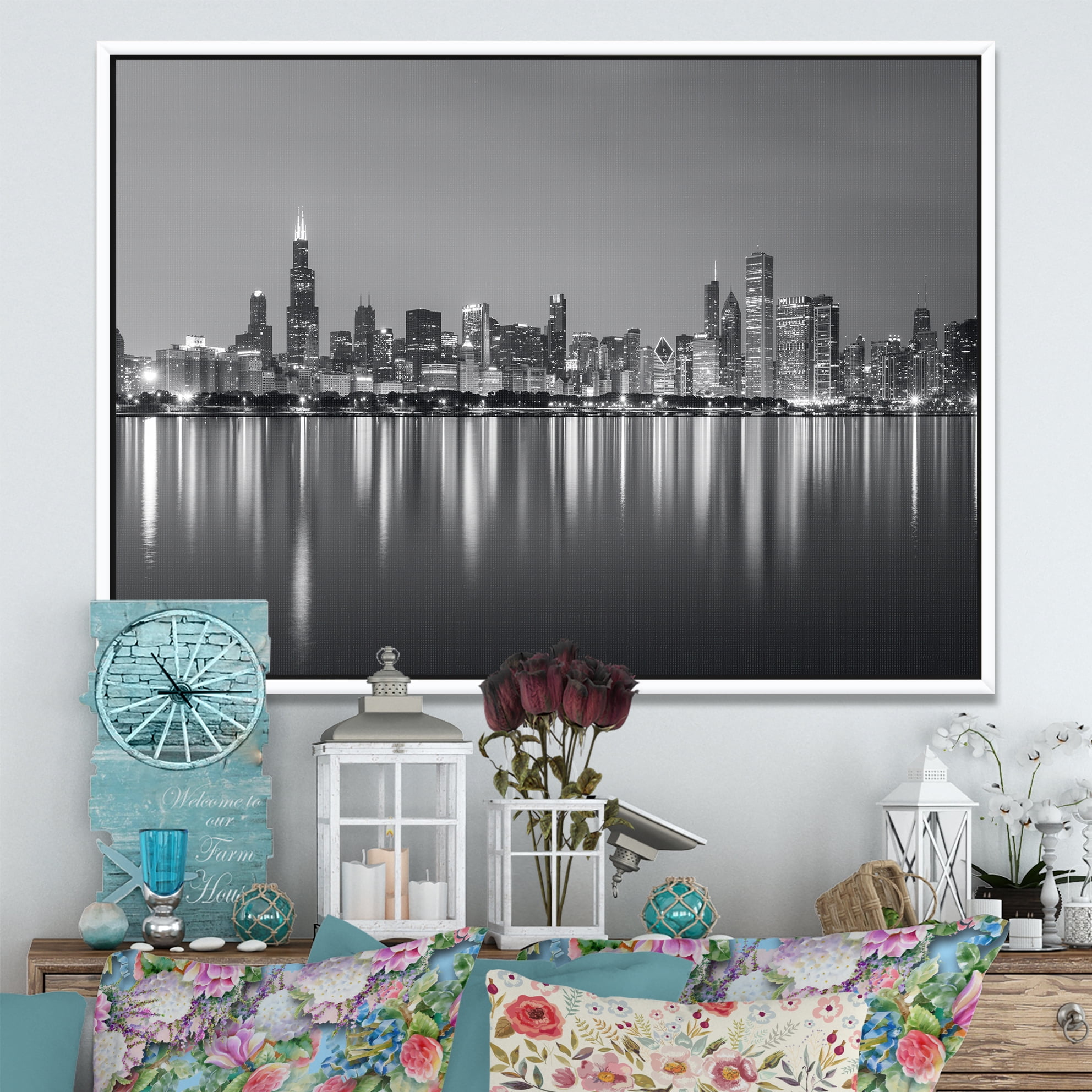 Designart ' Chicago Skyline at Night Black and White ' Cityscape Framed Canvas Print