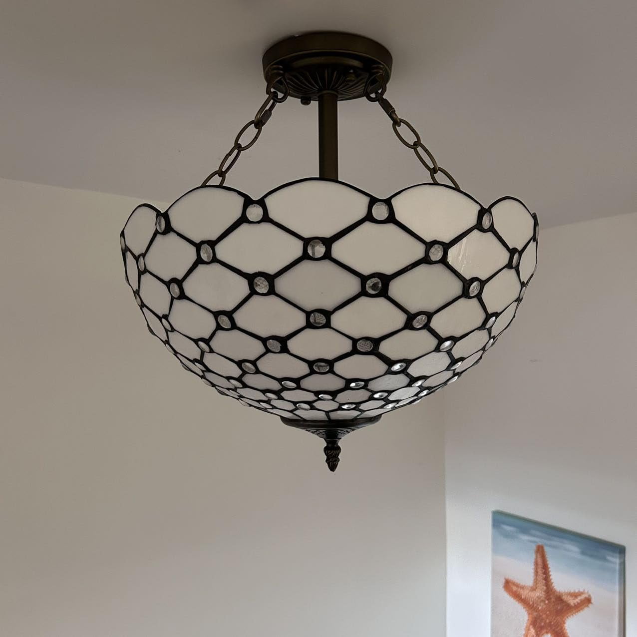 Tiffany 16" White Stained Glass Crystal Beans 16-Light Ceiling Lights with Glass Shades