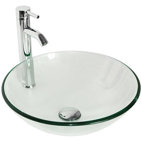 Tempered Glass Vessel Sink Clear Bowl Round/Oval Bath Basin Faucet Drain Combo 