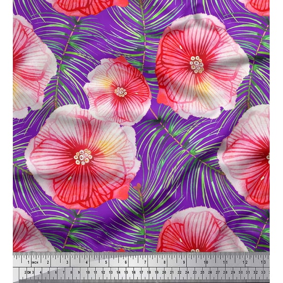 Soimoi Purple Poly Georgette Fabric Palm Leaves & Periwinkle Floral Print Fabric by Yard 42 Inch Wide