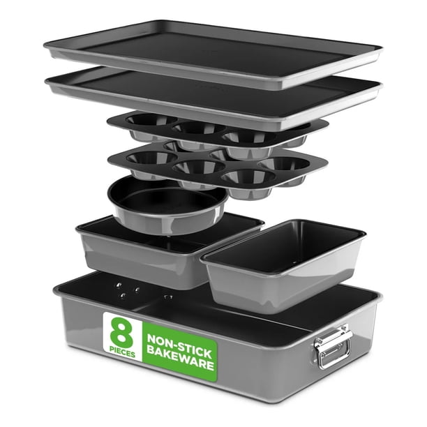 Set de Charolas para Hornear Antiadherentes Apilables de 8 Piezas NutriChef, Incluye Bandejas de Acero Premium, Molde para Pastel, Muffin, Brownies, Pan y Bandejas para Galletas y Asar, Gris