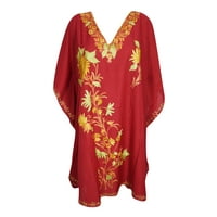 Mogul Womens Caftan Dress Floral Red Embellished Lounge Wear Boho Kaftan OneSize
