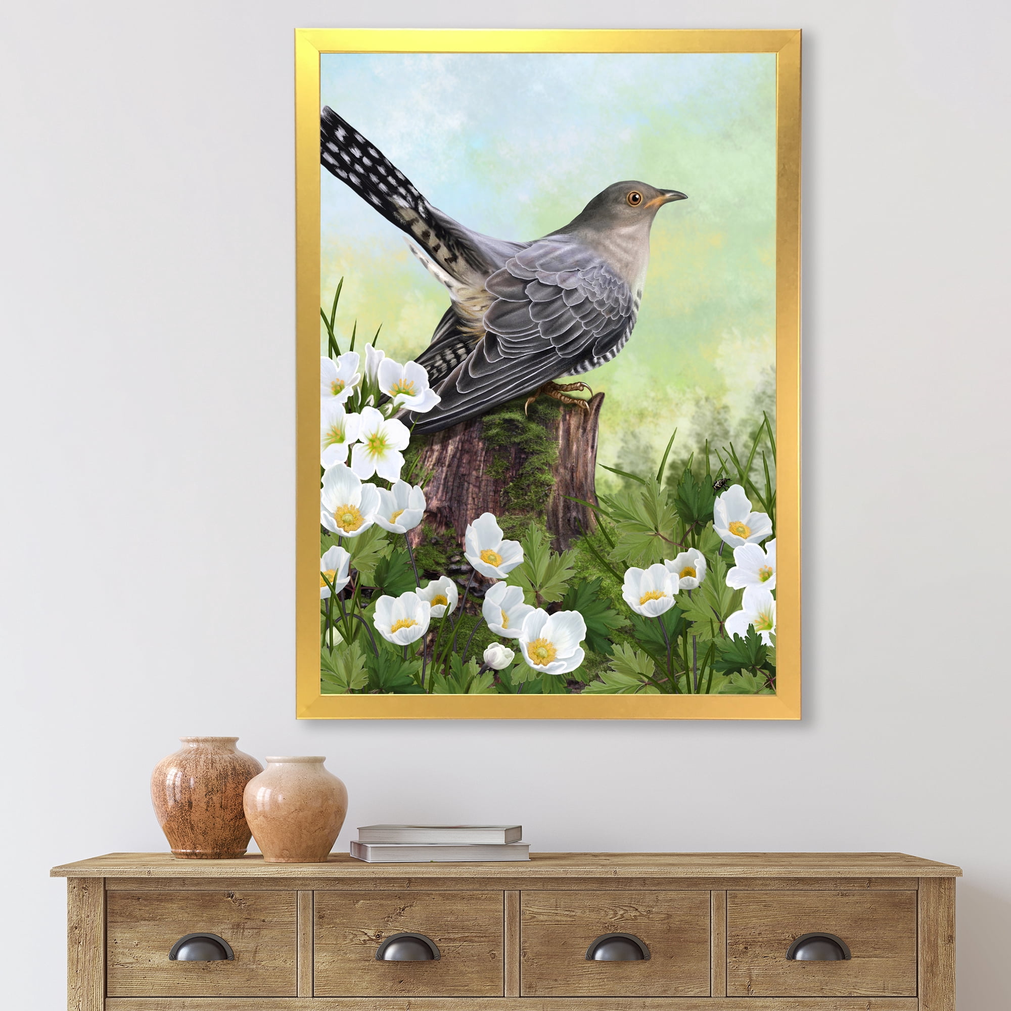 Designart 'Cuckoo Bird On An Old Stump and White Flowers' Traditional Framed Art Print