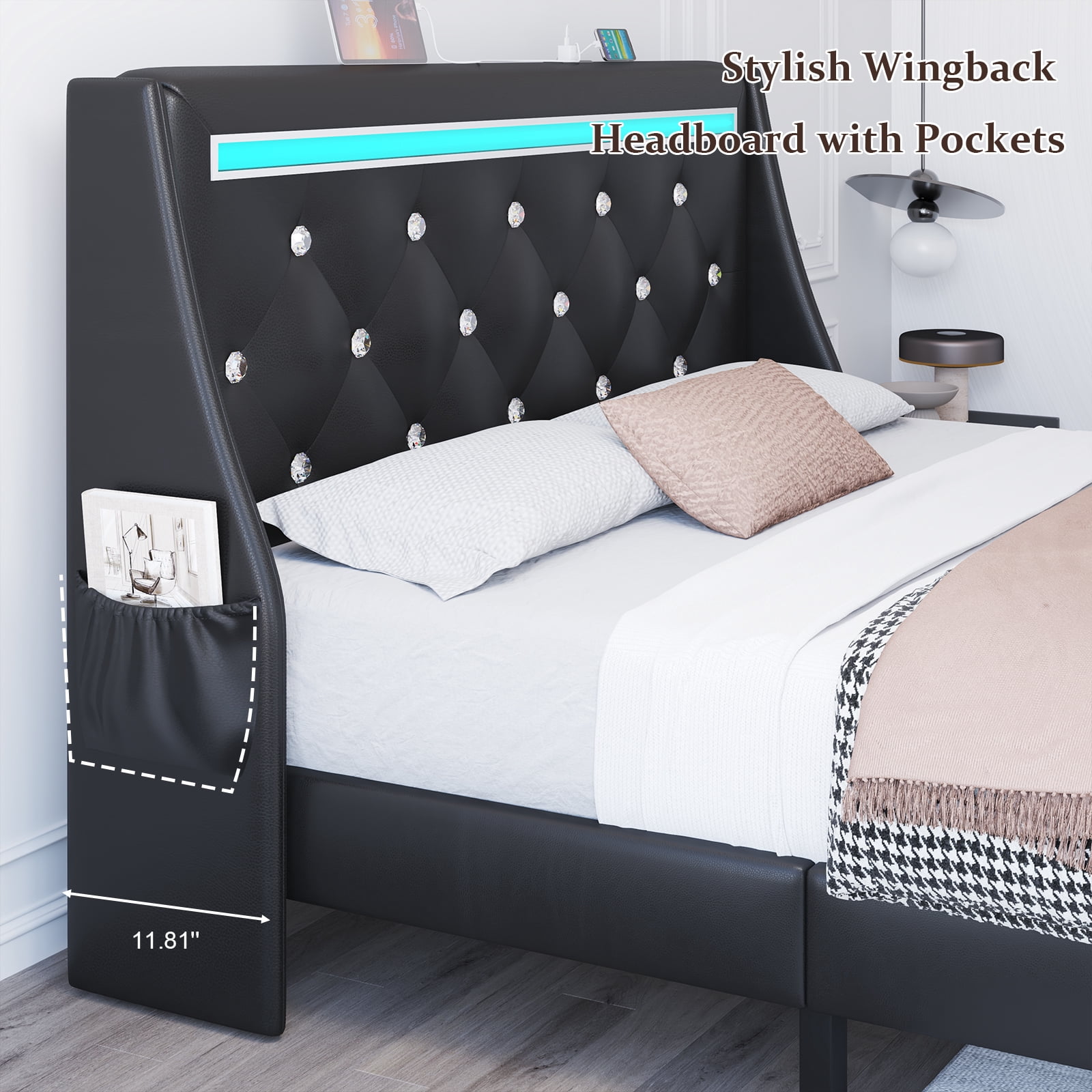 Holiway Full Size LED Bed Frame with Upholstered Headboard, Wingback PU Leather Headboard with Charging Station, Diamond Tufting, Black