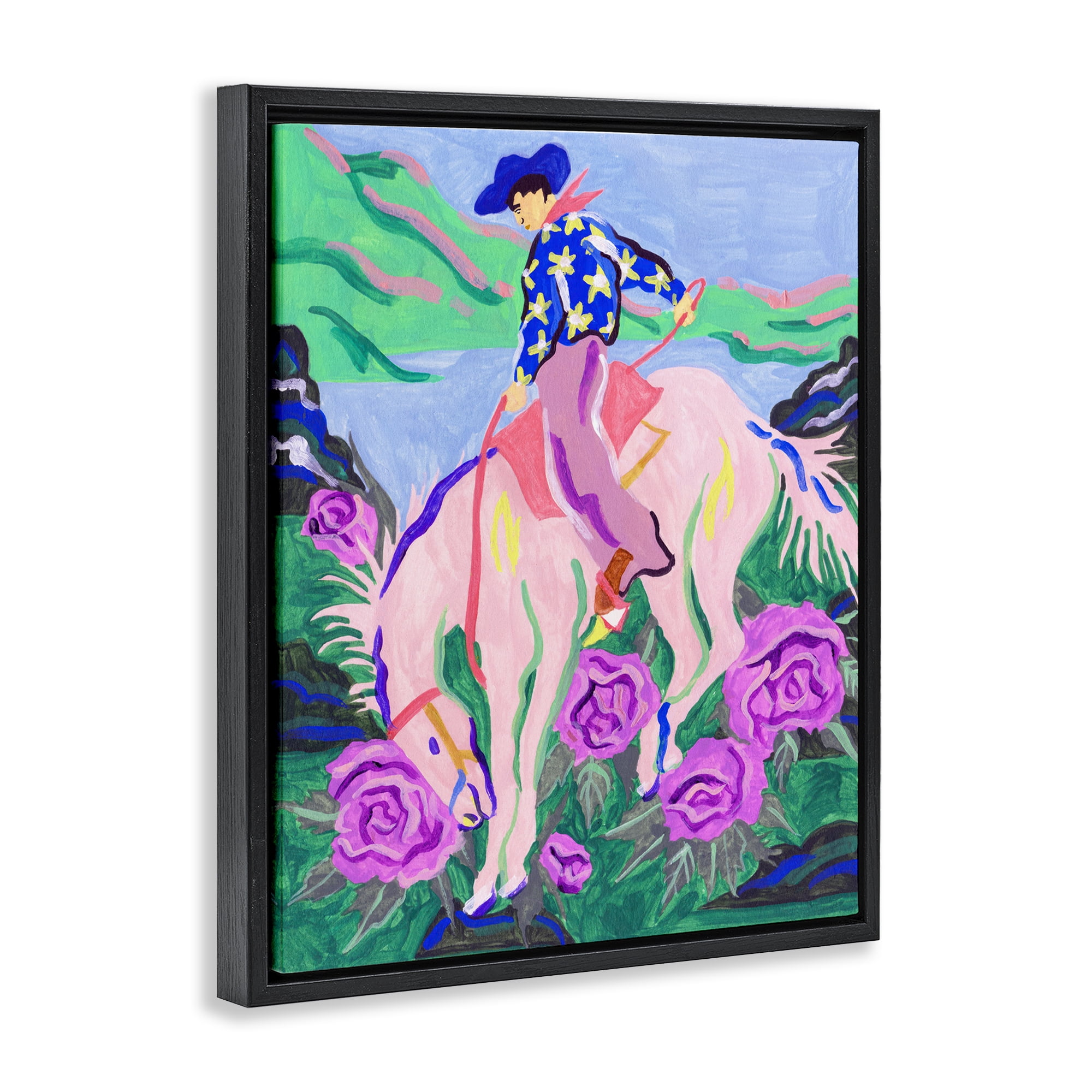 Stupell Industries Bright Cowboy & Blooms Animals Painting Black Floater Framed Canvas Art Print Wall Art, 17 x 21