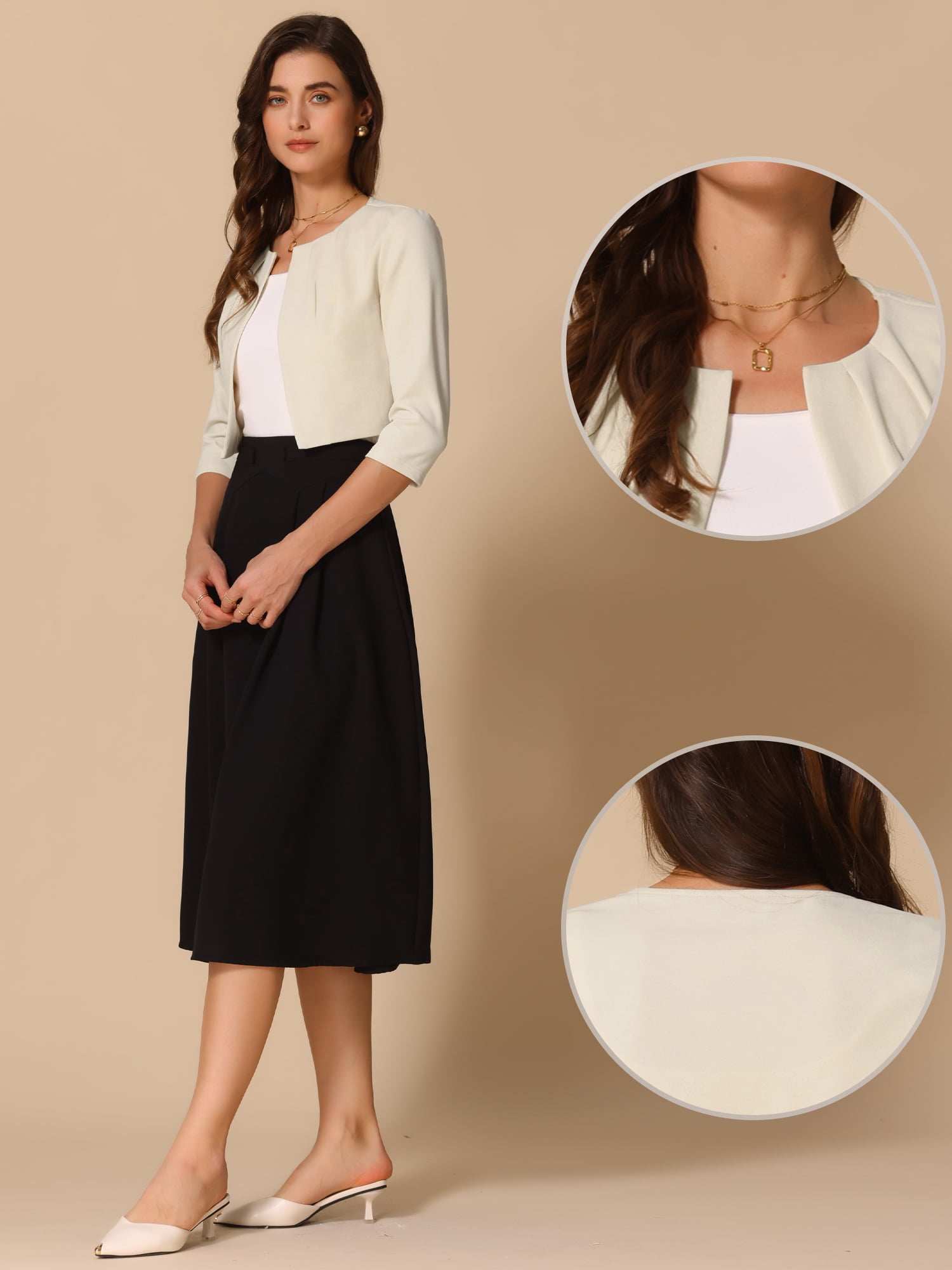 DARING DIVA Women's 3/4 Sleeve Shrug Top Collarless Pleated Open Front Cropped Cardigan M Apricot