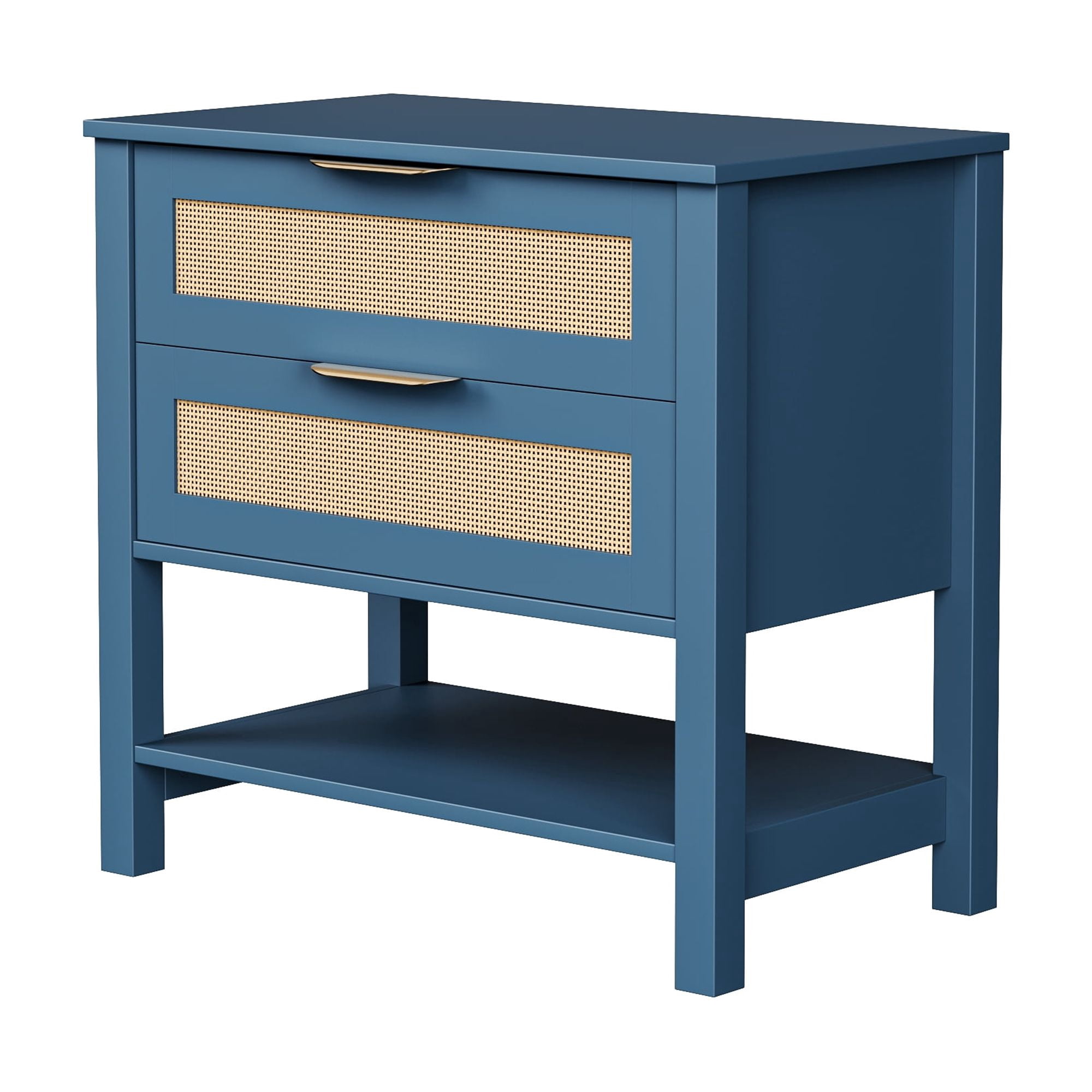 Rattan Nightstand with 2 Drawers and Storage Shelf Boho Bedside Narrow Side Table for Bedroom